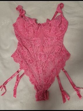 Victoria's Secret Hot Pink Floral Lace Bodysuit with Garter Straps